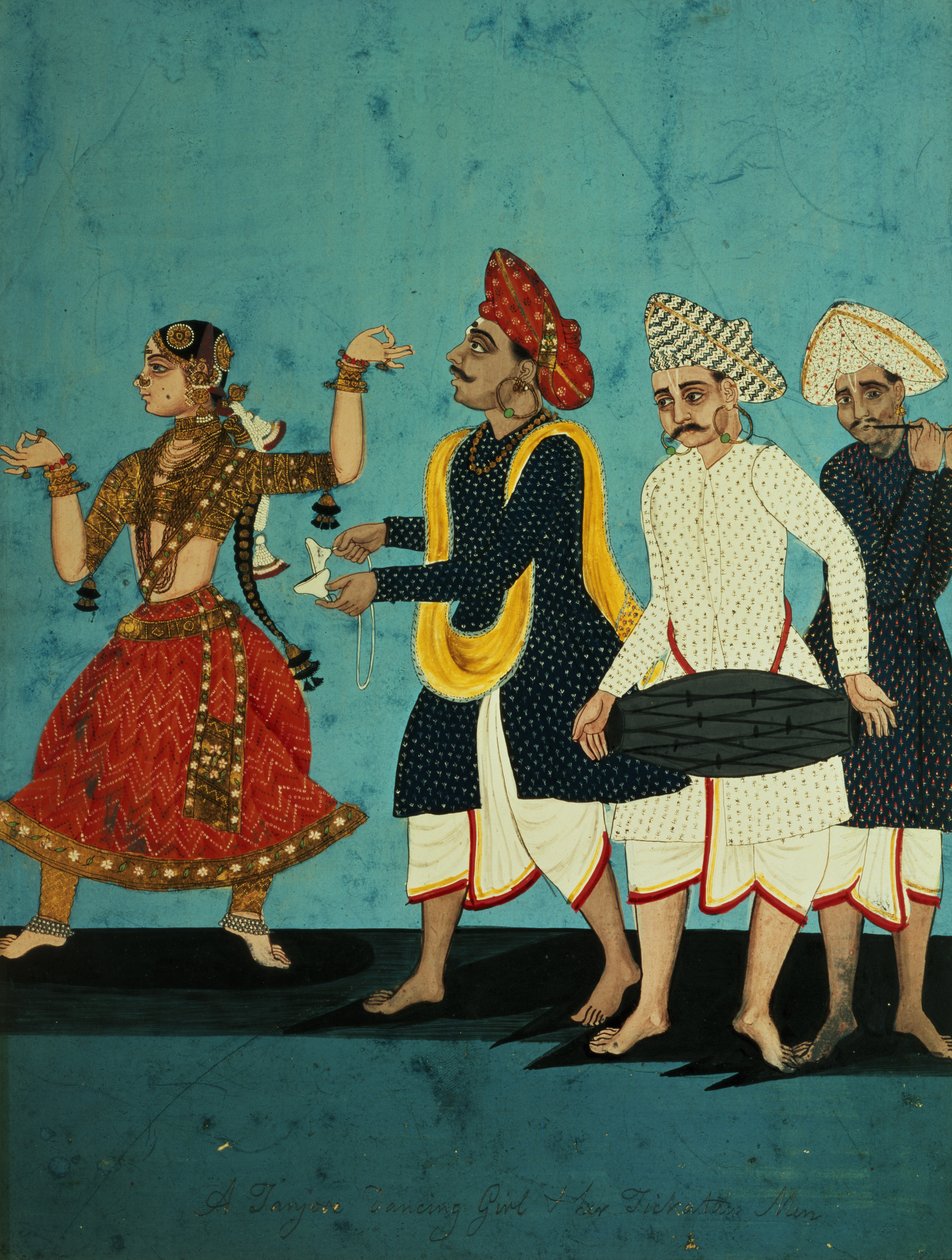 三位音乐家和一位舞女，Tanjore，泰米尔纳德邦，1850年 作者 印度学校