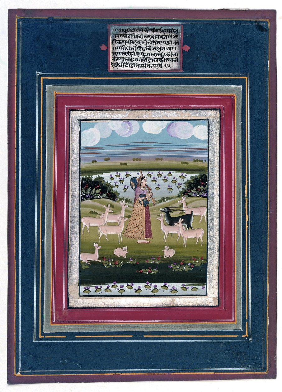 Todi ragini  - 一位女士在动物园里玩vina，1810-20 作者 印度学校