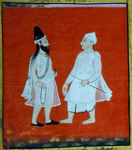 两个流浪的穆斯林法吉尔（jangam）宗教修行者，乌代浦尔，约1810-20（纸上水粉画）（细节）（另见136600）。 作者 印度学校