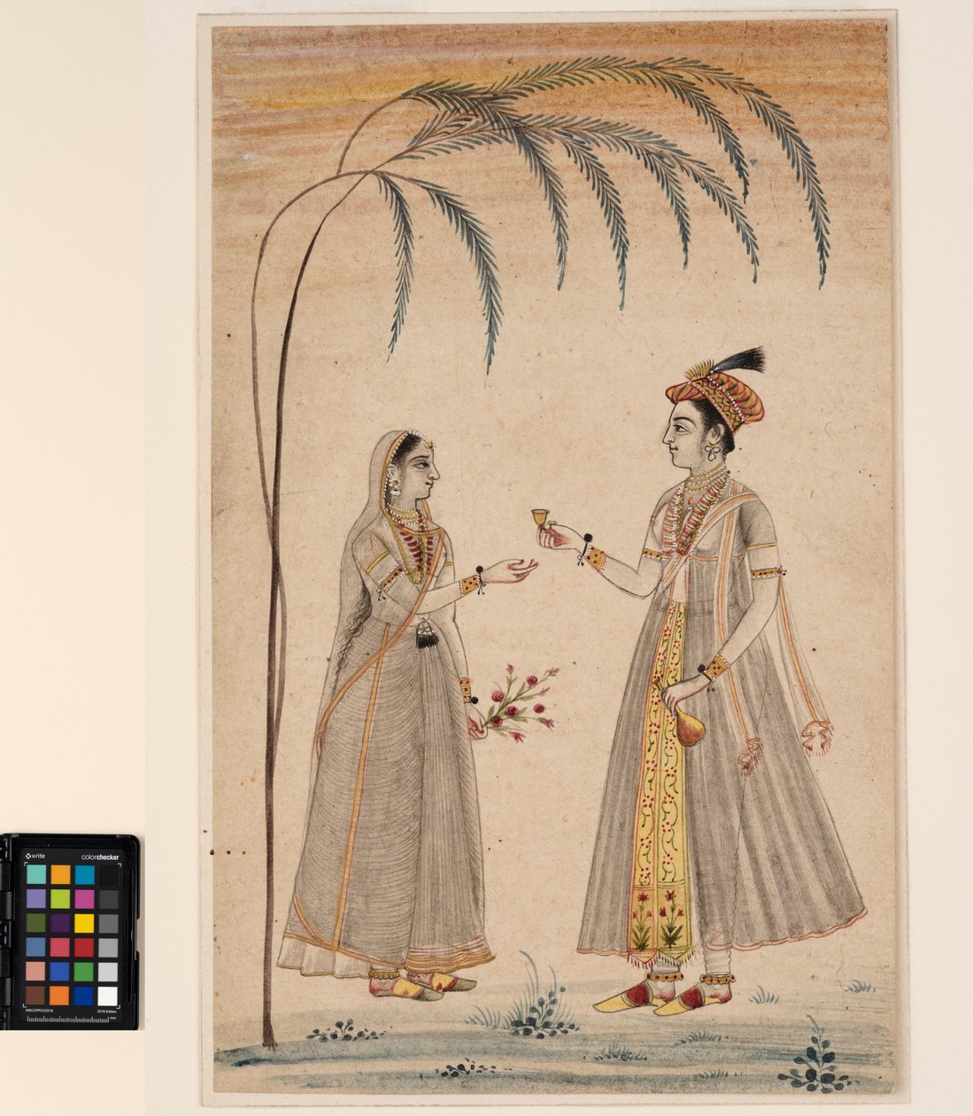 一棵树下的两个女人，约1750年（不透明的水彩和纸上的金色） 作者 印度学校