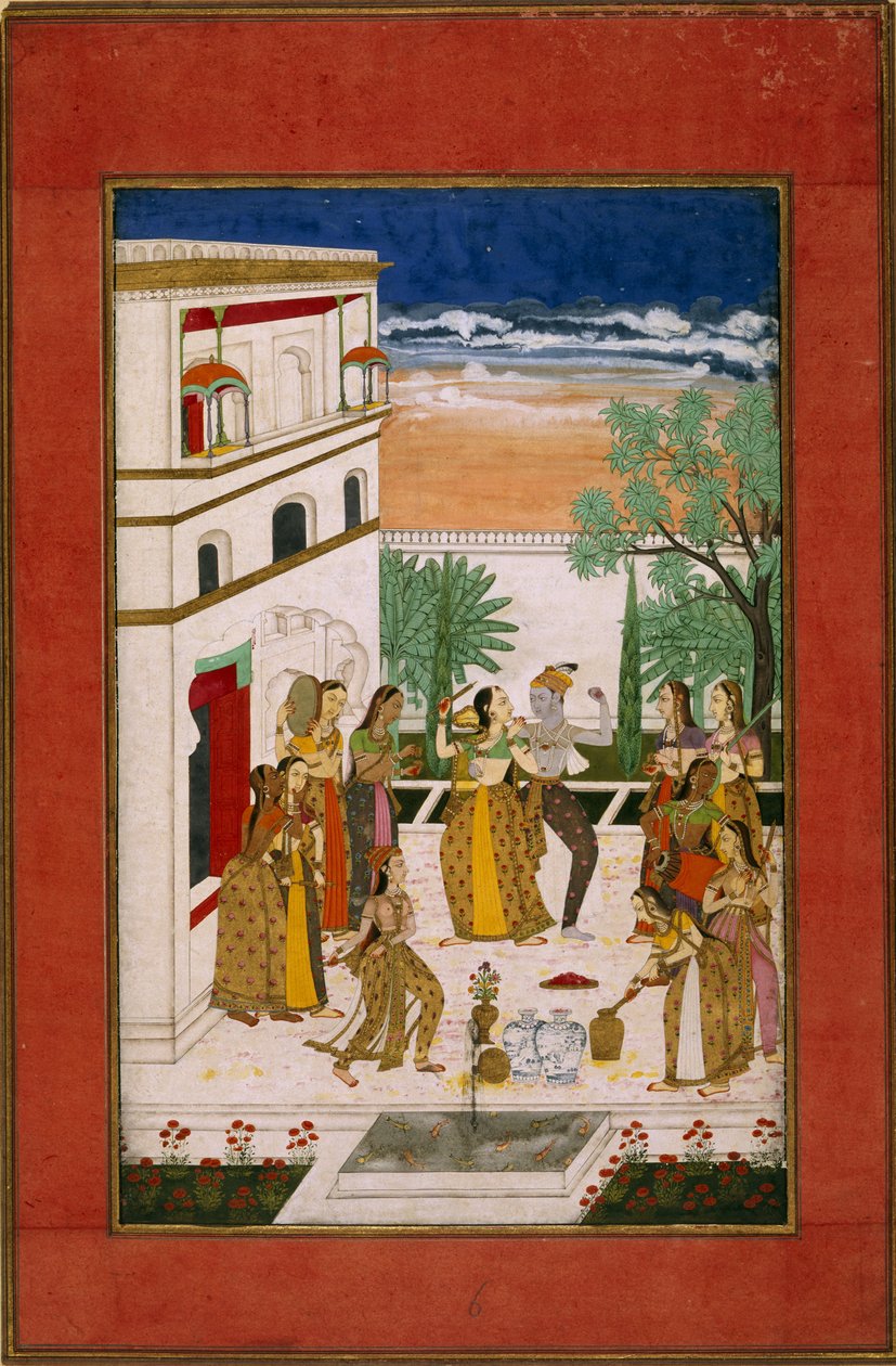 瓦桑塔-拉吉尼，拉德哈和克里希纳在跳舞，约 1760 年（纸面水彩画） 作者 印度学校