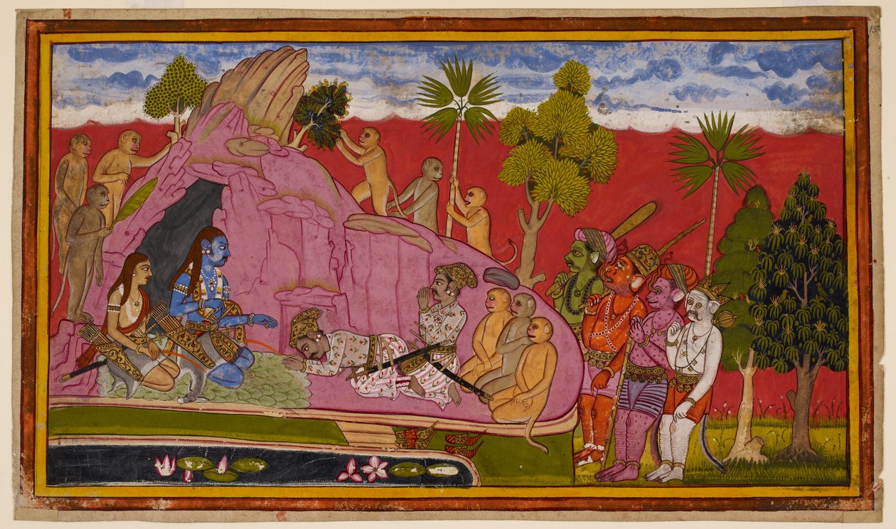 Vibhīṣaṇa 抛弃了 Rāvaṇa，与他的追随者一起加入了 Rāma，并向他行礼。1653（缩影） 作者 印度学校