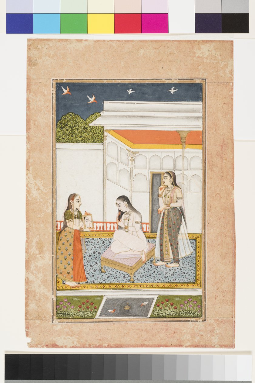 欣多尔的维拉瓦尔·拉吉尼（Vilaval Ragini），约1745年（纸上的不透明水彩和金色，装在相册页上） 作者 印度学校