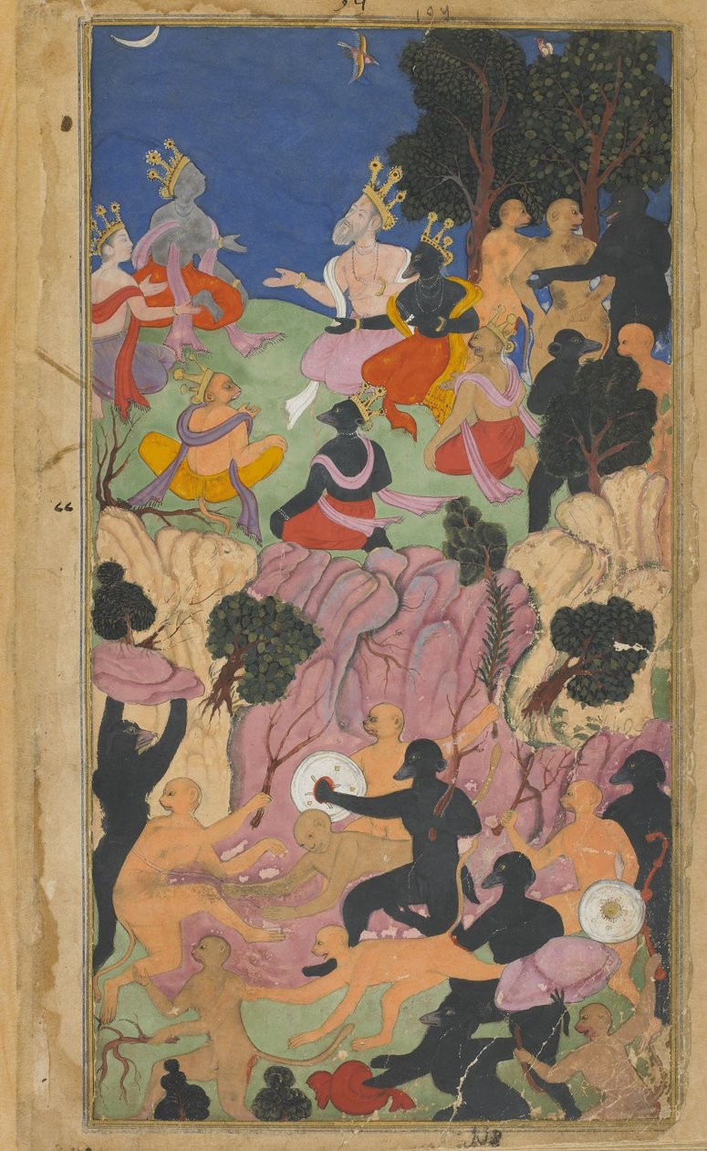 Vol.2 fol.194 Rama与Vanara酋长在Mt. Suvela（不透明的水彩，墨水和纸上的金色） 作者 印度学校