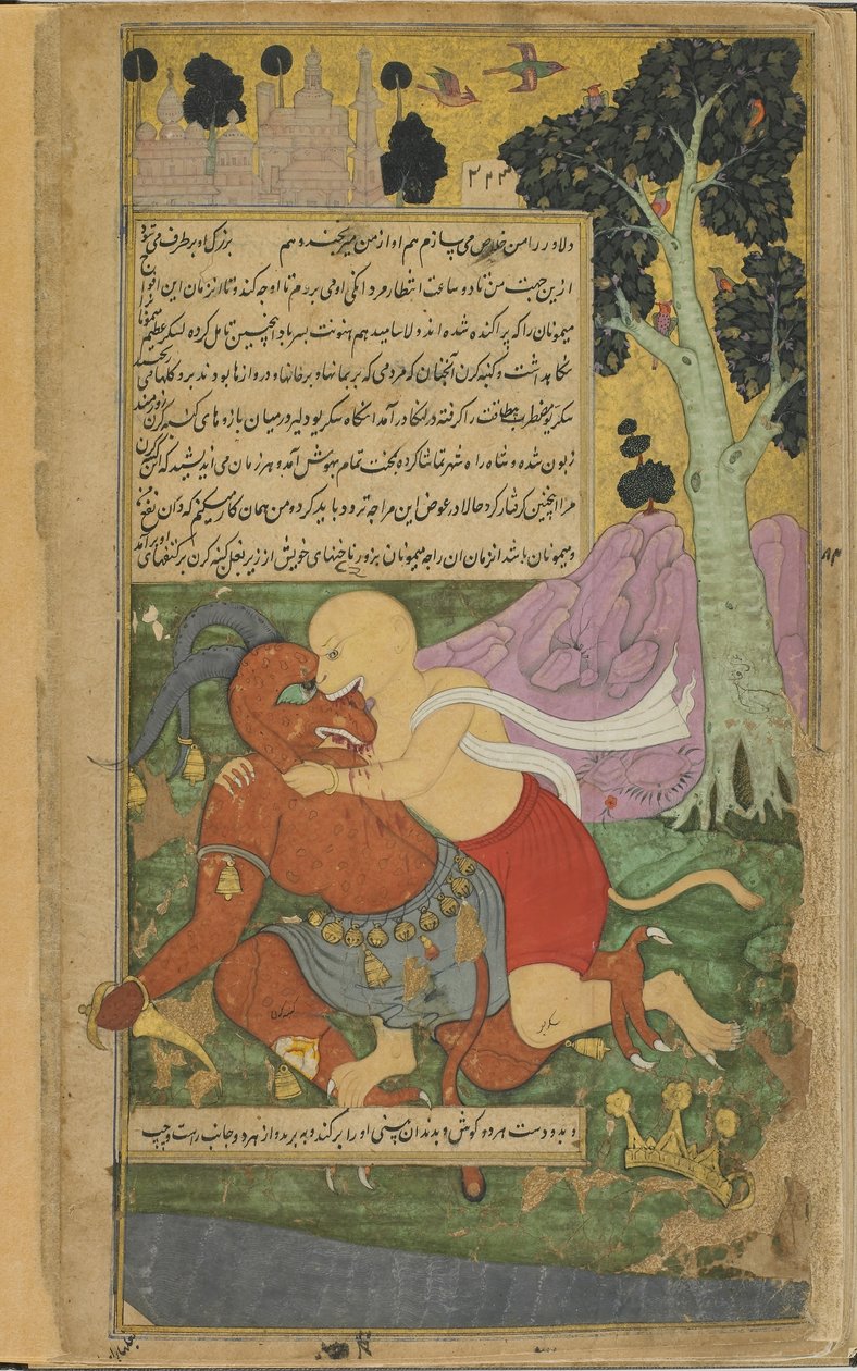Vol.2 fol.220 Sugriva突然毁坏了Kumbhakarna（纸上不透明的水彩，墨水和金色），从中获得了自由 作者 印度学校