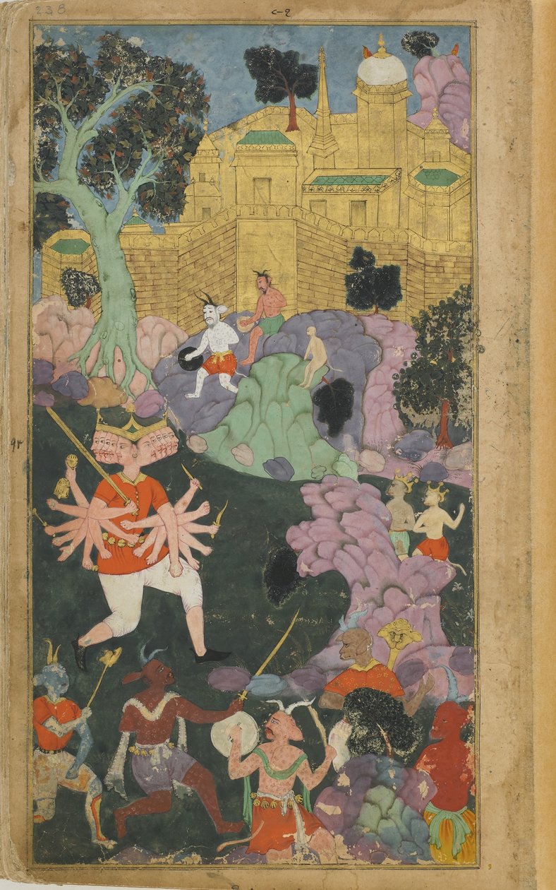 Vol.2 fol.238 Ravana和他的部队在城市之前占据了位置（不透明的水彩，墨水和金色在纸上） 作者 印度学校