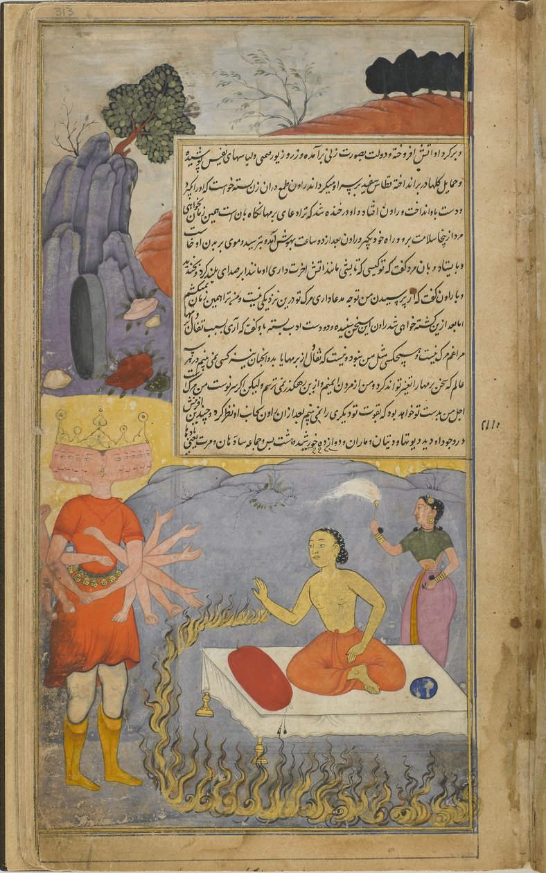 Vol.2 fol.313 Ravana与Mahajambunada交谈，Mahajambunada被一圈火环所包围，并被Lakshmi参与（不透明的水彩，墨水和金色在纸上） 作者 印度学校