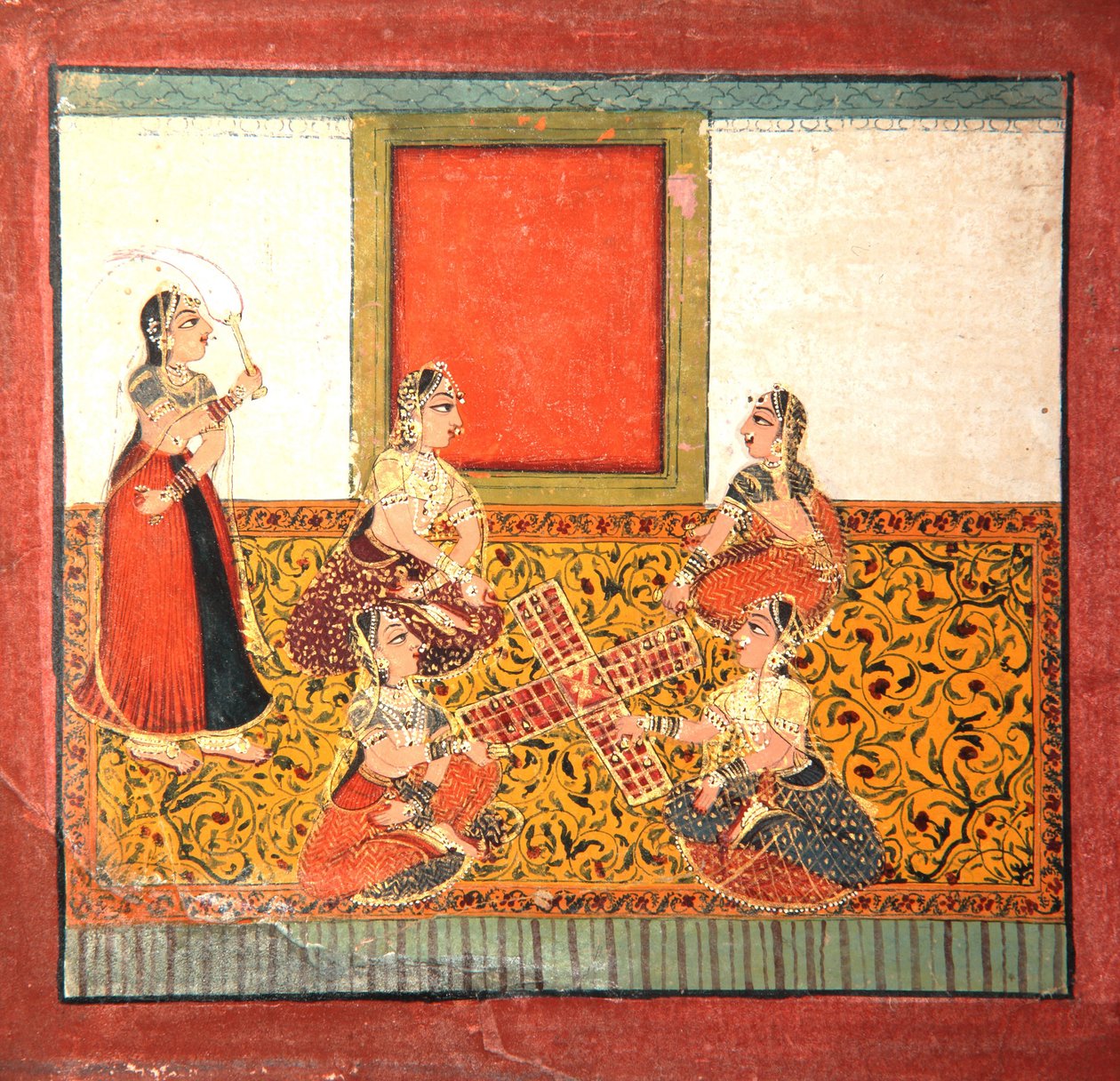 女人们玩Parcheesi，坐在黄色图案的地板上，1725年（不透明的wc和黄金在纸上） 作者 印度学校