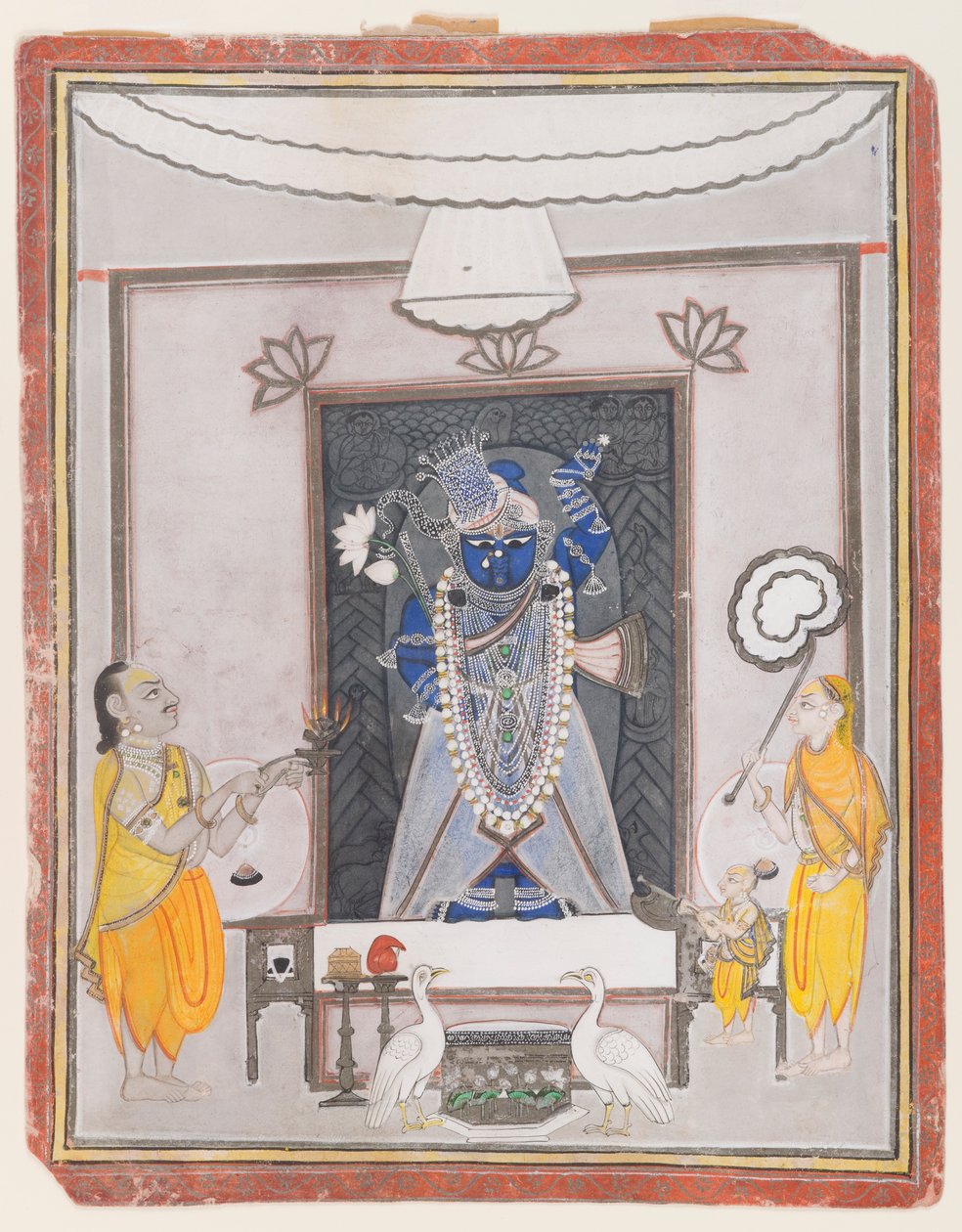 Shrinathaji的崇拜（纸上不透明的wc，金和银） 作者 印度学校