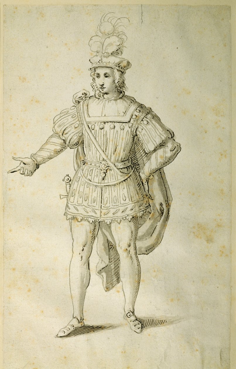 穿着英国古代服装的青年，约1611年（纸上笔墨）。 作者 伊尼戈·琼斯（Inigo Jones）