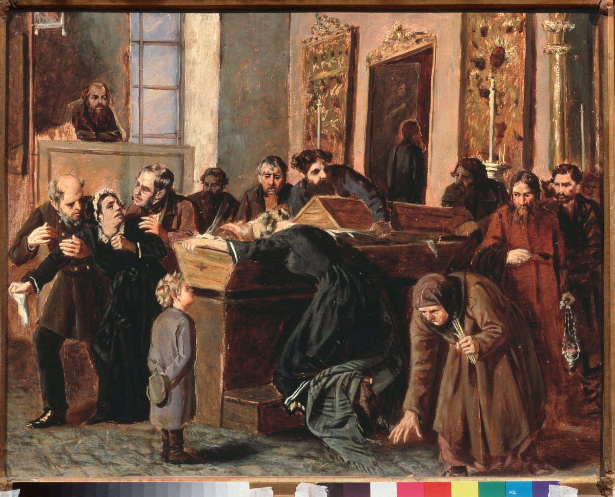 告别死者 - 约瑟夫·彼得罗维奇·沃尔科夫（Iosif Petrovich Volkov，1854 年至 1897 年之后）的作品，纸上油画 作者 约西夫·彼得罗维奇·沃尔科夫