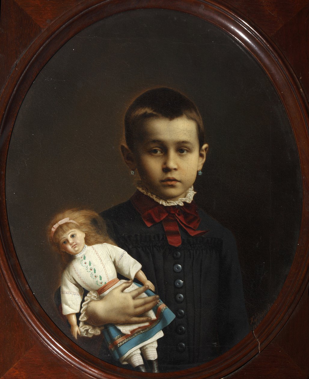 手持玩偶的女孩肖像 par Volkov，Iosif Petrovich（1854-1897 年以后）。布面油画 作者 约西夫·彼得罗维奇·沃尔科夫
