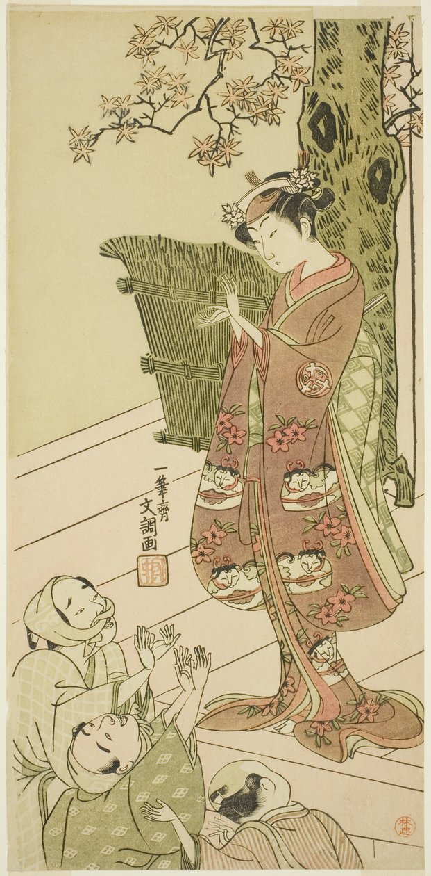 1768 年 11 月 1 日起在中村剧场演出的《源氏现世》（Ima o Sakari Suehiro Genji）一剧中的演员岚雏治一世（可能饰演佑也御前），1768 年 11 月 1 日起在中村剧场演出的《源氏现世》一剧中的演员岚雏治一世（可能饰演佑也御前）。 作者 一物斋文长