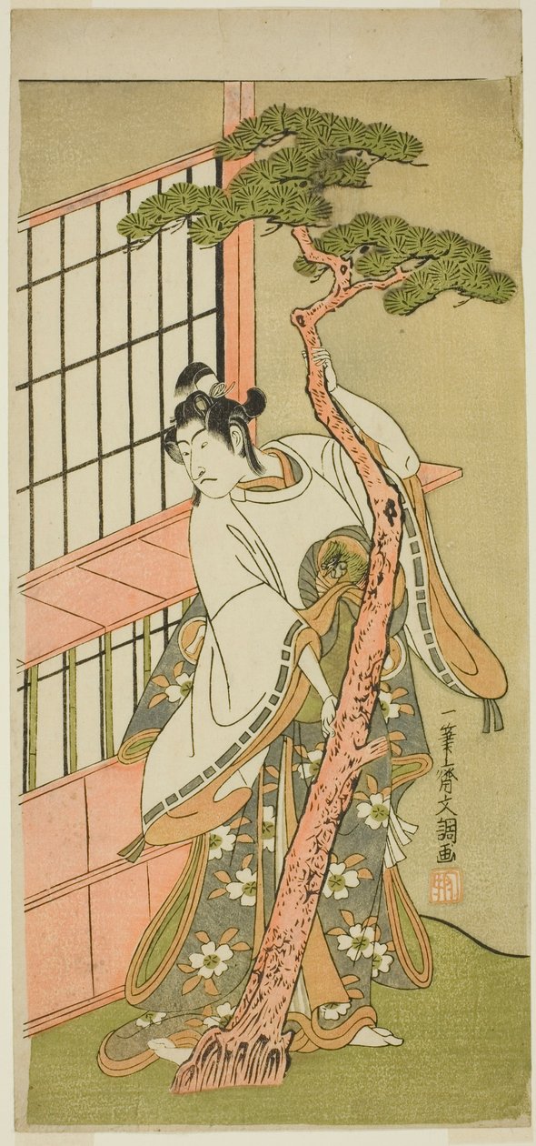 1775年2月在中村剧场演出的《伊郎莫言青柳曾我》中饰演常若丸的演员市川门之助二世 作者 一物斋文长