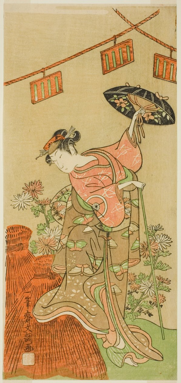 1770 年 11 月在中村剧场演出的《鵺之森一叶之马托》中饰演大津鬼宗的演员岩井半四郎。 作者 一物斋文长