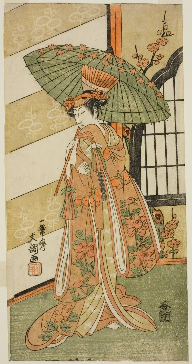1769 年 11 月在市村剧场演出的《睦之花梅之香》中饰演西木的演员小野江玉造一世 作者 一物斋文长
