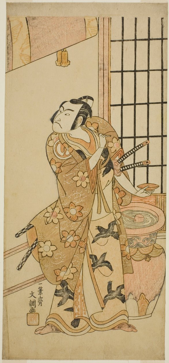 1769 年二月在市村剧院（？）演出的戏剧《江户之花若柳曾我》中饰演 Kudo Suketsune 的演员泽村宗十郎二世（？ 作者 一物斋文长