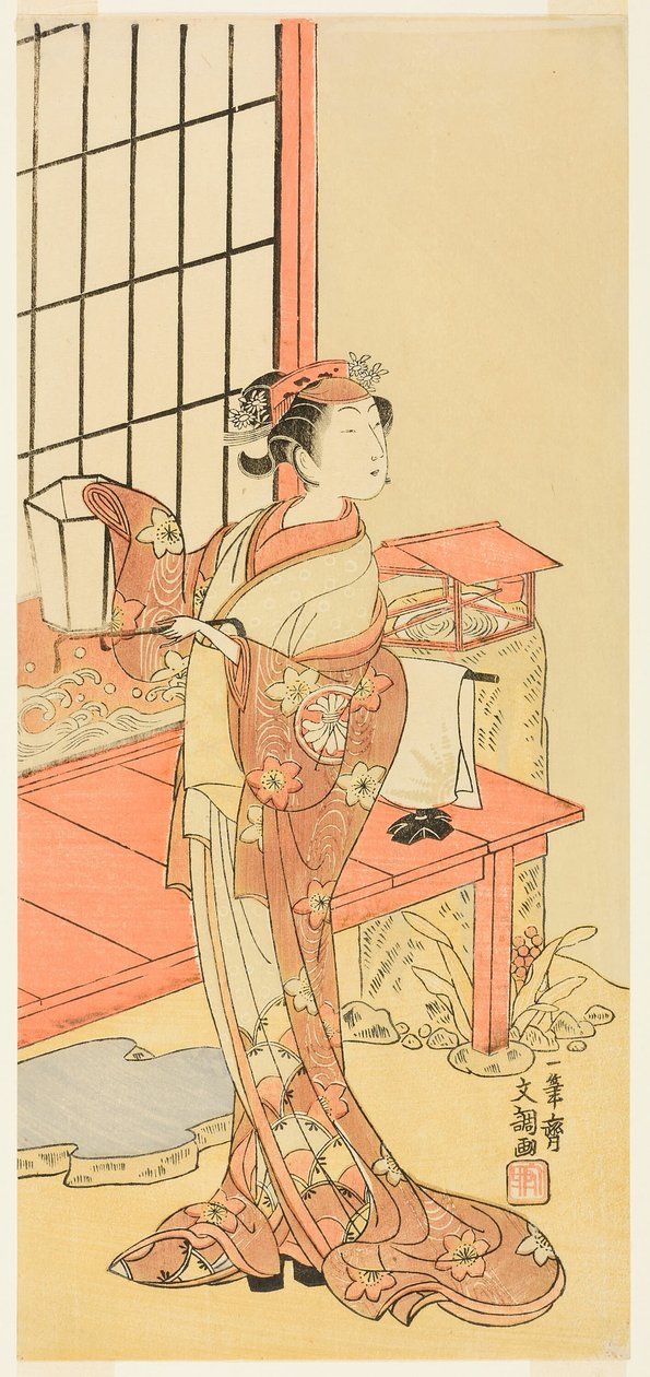 1768 年 11 月 1 日起在中村剧场演出的《源氏现世》（Ima o Sakari Suehiro Genji）中可能饰演绫织公主的演员濑川菊之条二世 作者 一物斋文长