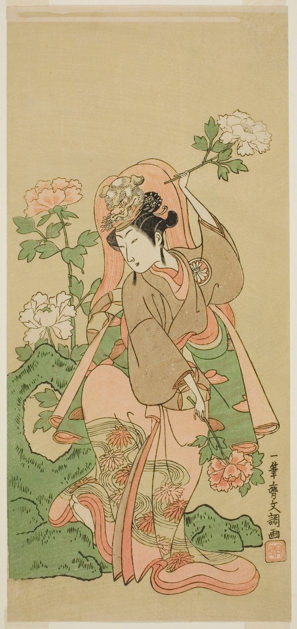 1769 年 2 月在中村剧场演出的《曾我莫言之爱吾的若松》中的夏歌舞演员濑川菊之条二世 作者 一物斋文长