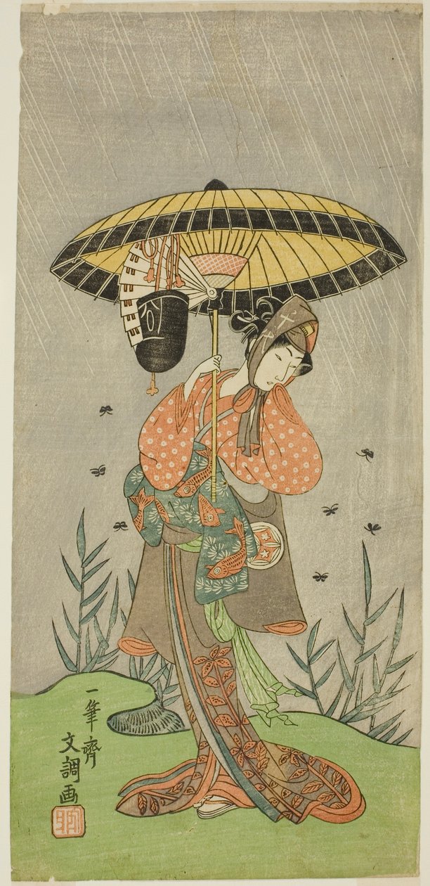 1770 年七月在森田剧场（？）上演的戏剧《夏松七和神》中饰演二条木崎的演员山下金作二世（？ 作者 一物斋文长