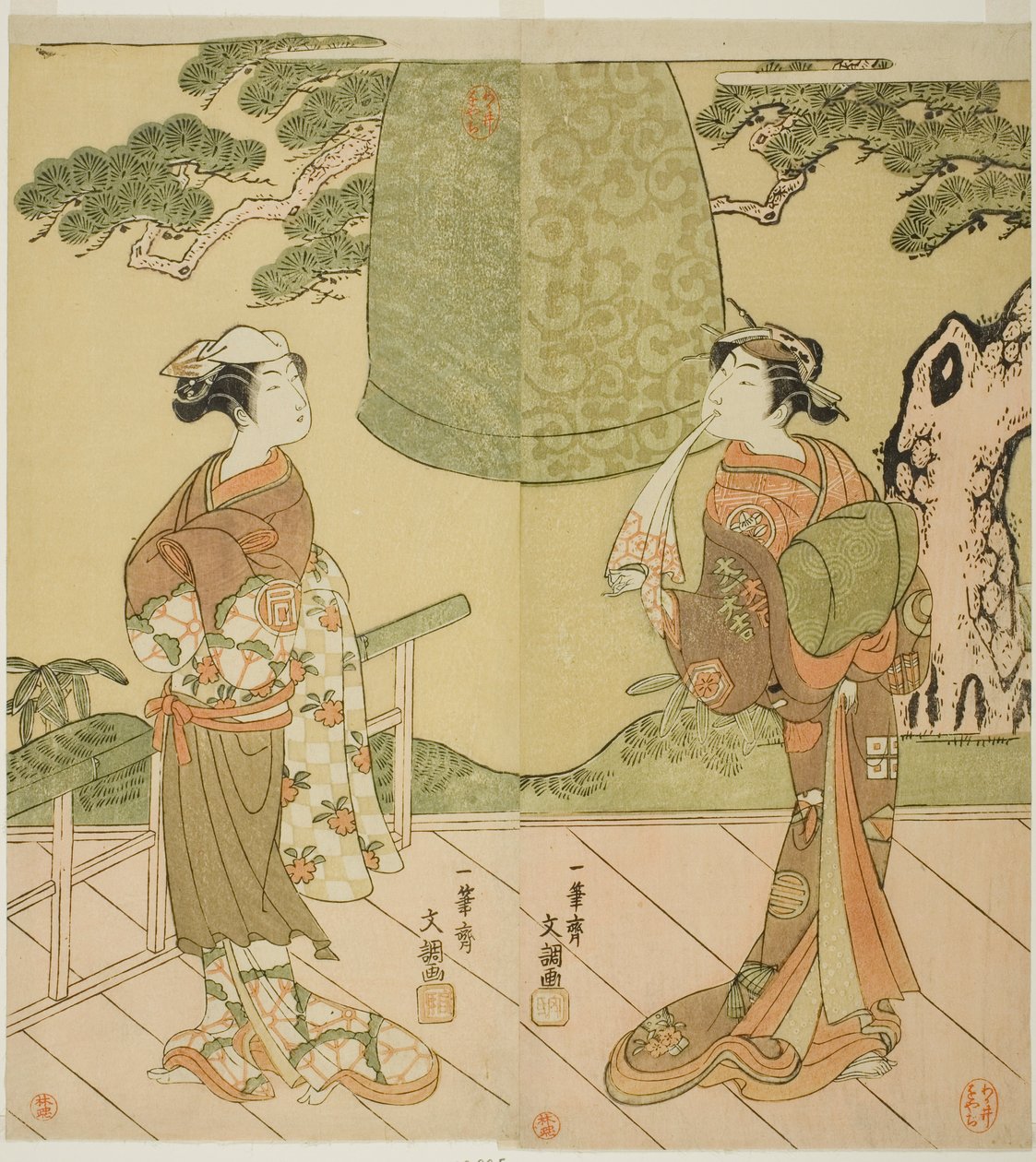 1769 年二月在市村剧场演出的戏剧《江户之花若柳曾我》中饰演 "秀明之行 "森久（右）的演员市村右左卫门九世和饰演 "中条 "的佐野川市松二世（左）。 作者 一物斋文长
