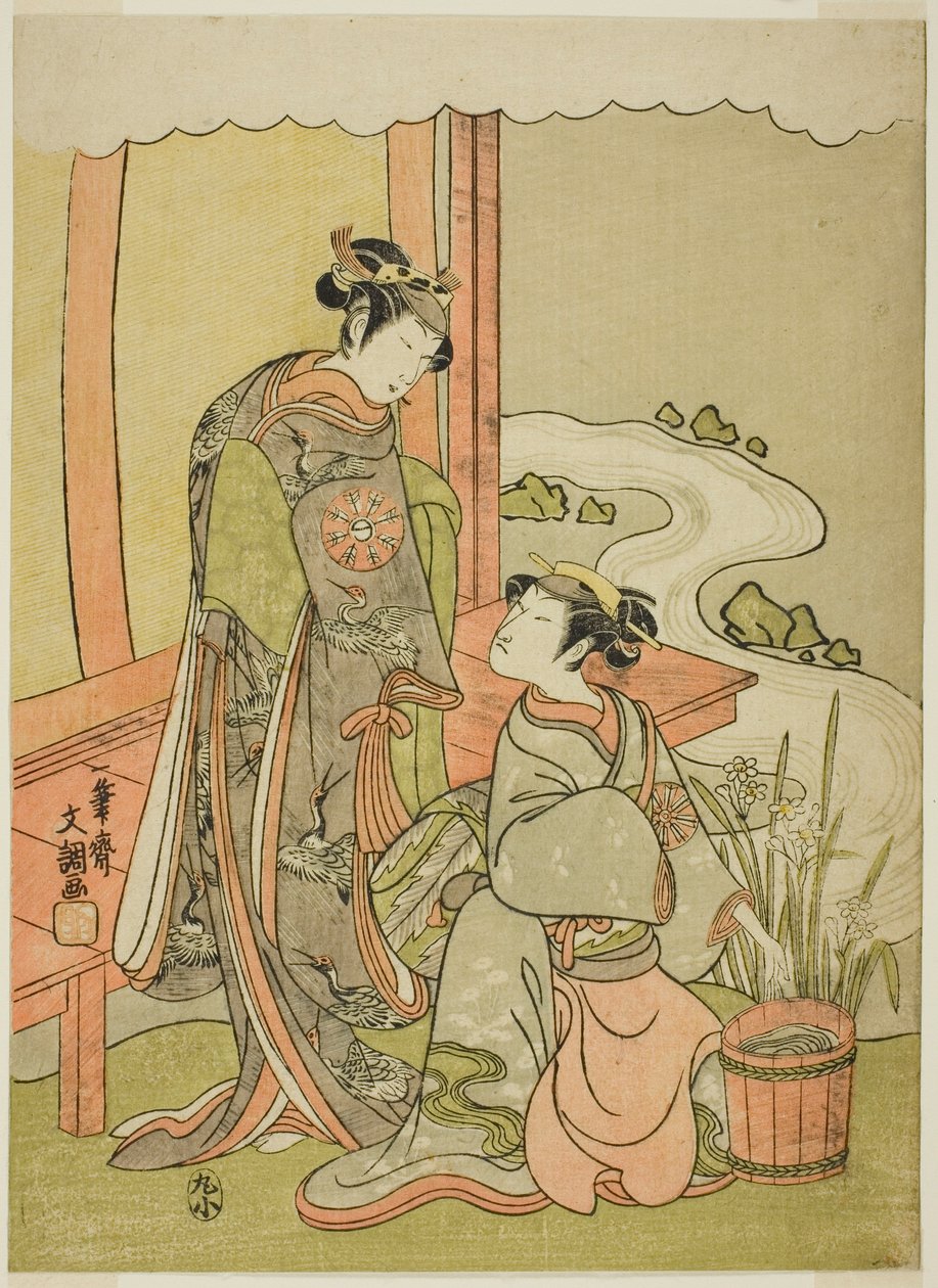 1770 年 11 月在森田剧场演出的《宫古之目吉奥葛杉》中饰演恩珠的中村富十郎一世（右）和饰演伪装成 "白鸟吉奥 "的咕咕的中村野志雄一世（左）。 作者 一物斋文长