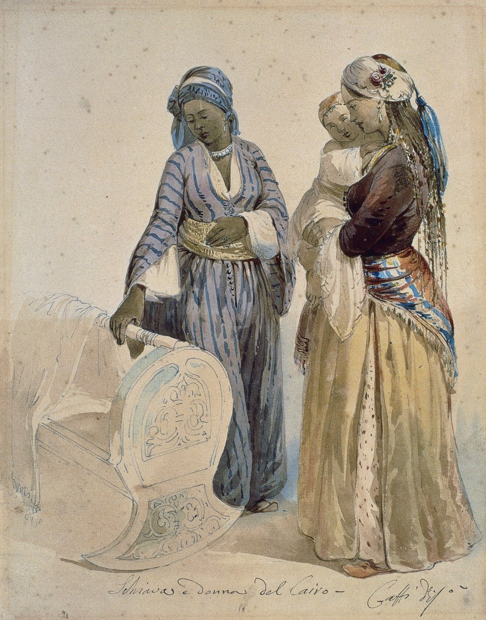开罗的奴隶和女人，伊波利托-卡菲（1809-1866 年）的水彩画 作者 伊波利托·卡菲