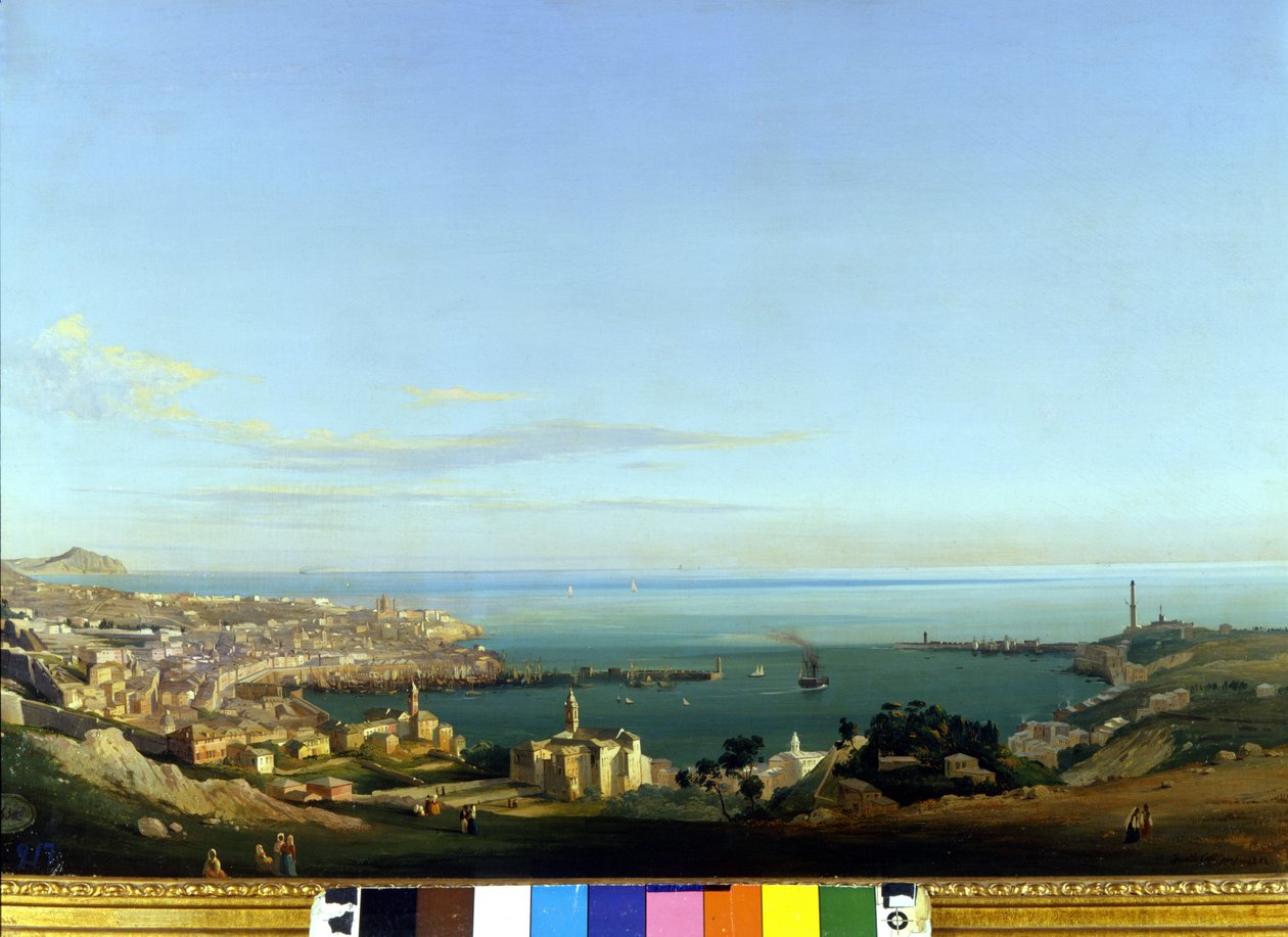 热那亚的视图。 Ippolito Caffi 的绘画，大约 1840 年。Genes, Nervi。 现代艺术画廊。 作者 伊波利托·卡菲