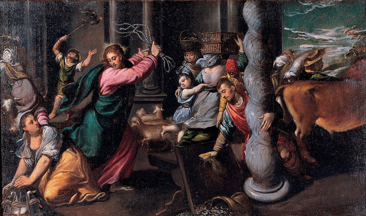 Le Christ chassant les marchands du temple - 基督将放债人赶出神庙 - Ippolito Scarsellino (Scarsella)（1551-1620 年）的画作，1580-1585 年布面油画（68x116 厘米） - 罗马卡皮托利尼博物馆 作者 伊波利托·斯卡塞拉