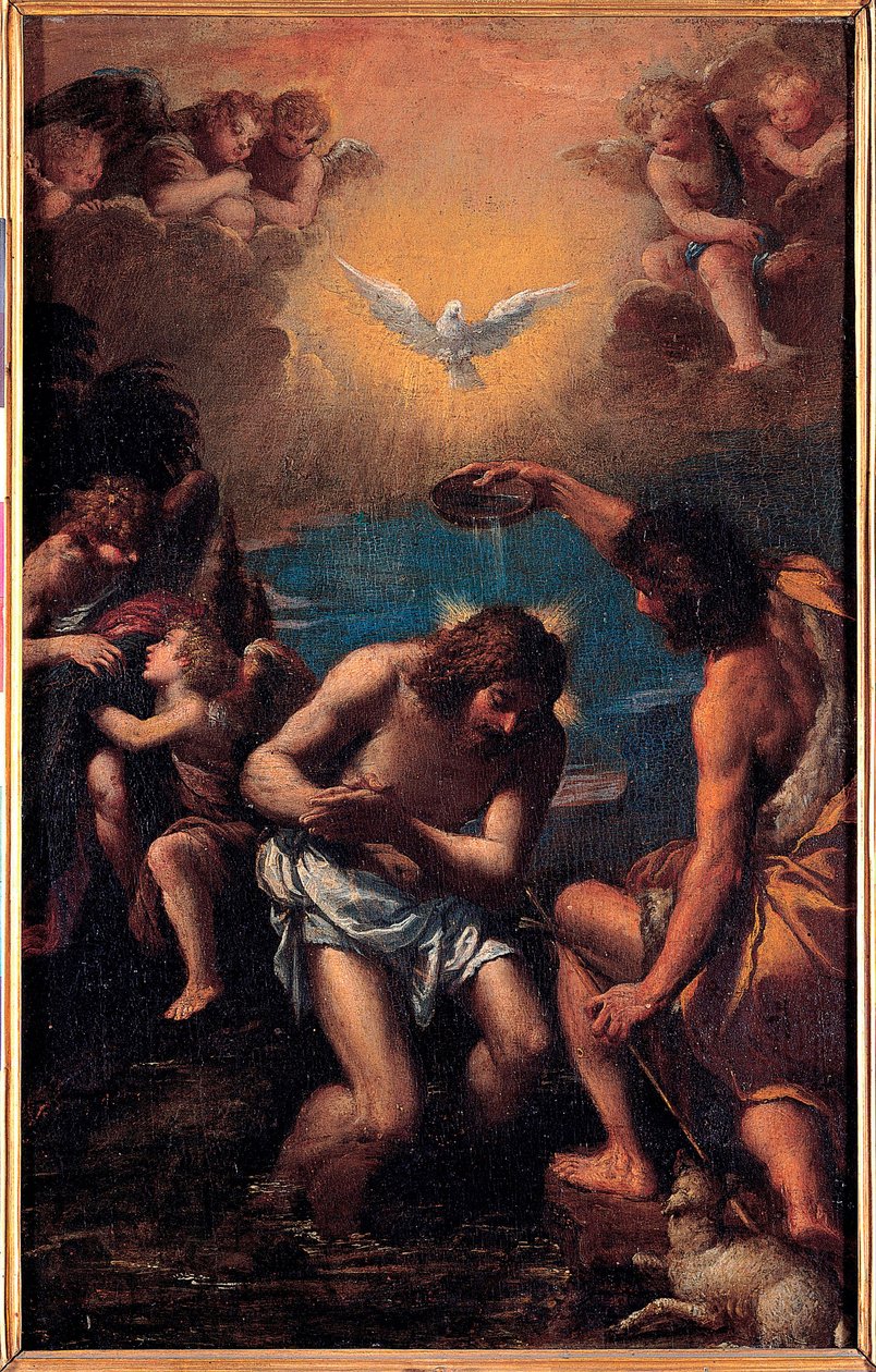 Le bapteme du Christ - Saint Jean Baptiste baptise Jesus Christ avec les eaux du Jourdain au dessus eux, la colombe du saint Esprit (saint-Esprit) - The Baptism of Christ - Painting by Ippolito Scarsellino (Scarsella) (1551-1620), Oil on wood 1585- 作者 伊波利托·斯卡塞拉