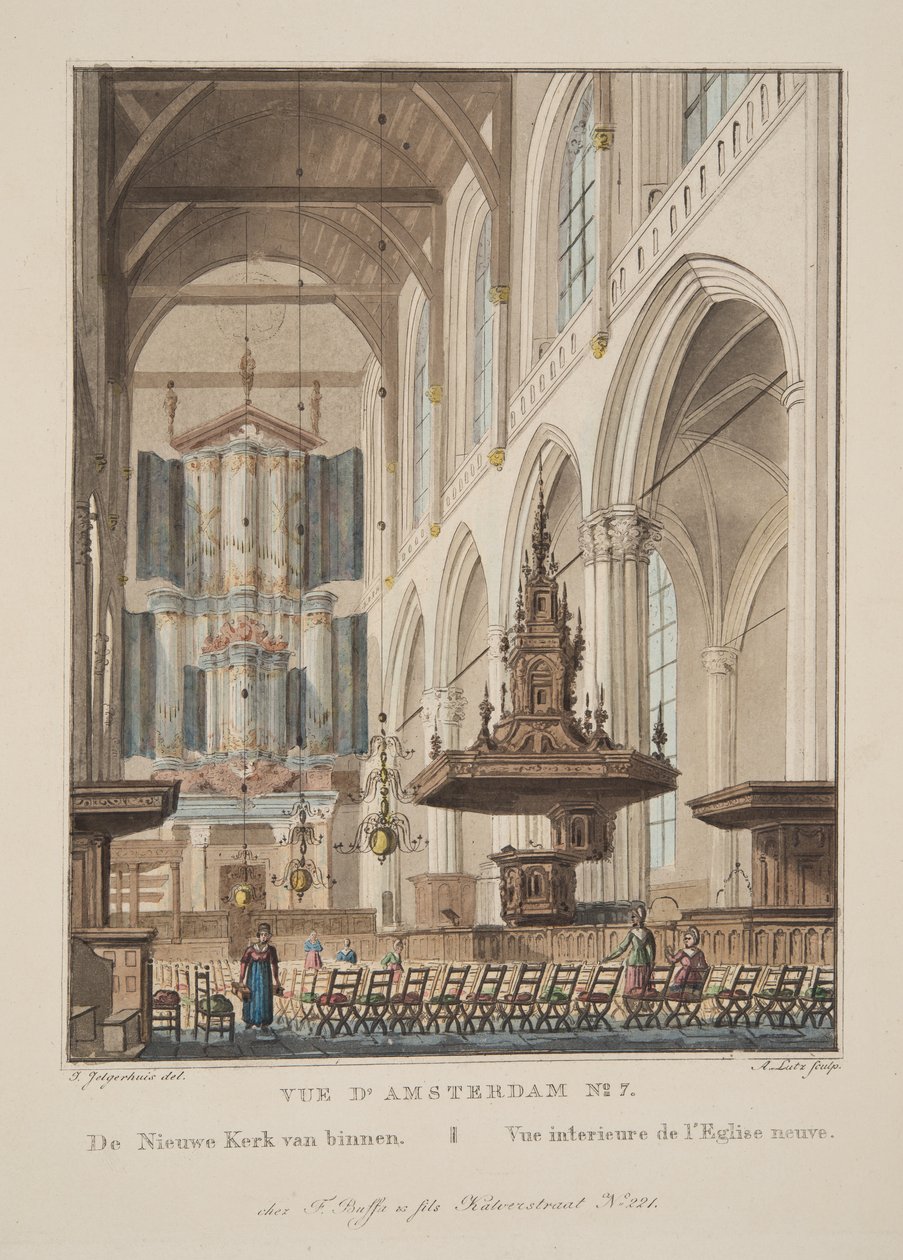 Vue d&39;Amsterdam No.7。里面的新教会。 Vue interieur de l&39;Eglise neuve，1825年（手工彩色雕刻） 作者 艾拉·戴蒙德·杰拉尔德·卡西迪