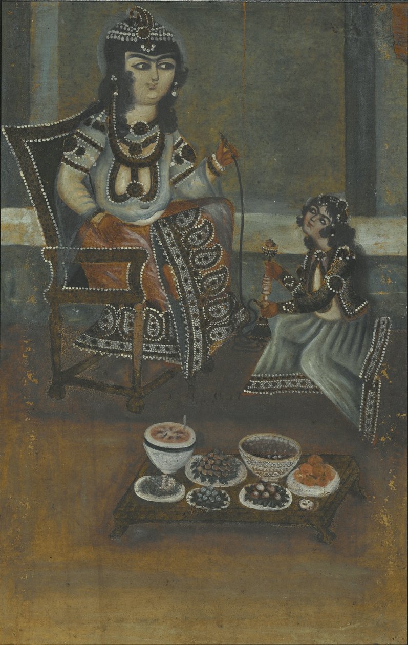 女服务员为坐在王座上的公主提供水管（布面油画，安装在面板上） 作者 伊朗学校