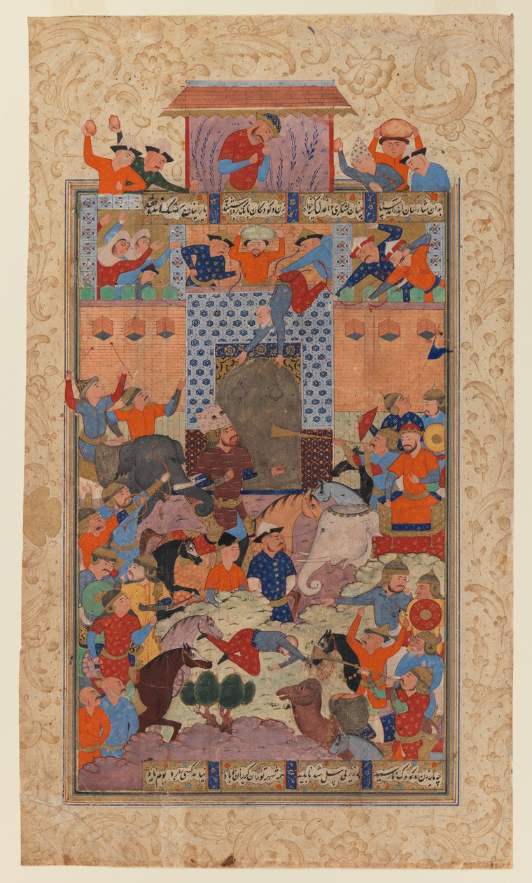来自Shahnameh的Folio：伊朗人捕获Afrasiyabs堡垒，电话：1580-1590（墨水和不透明的纸张） 作者 伊朗学校
