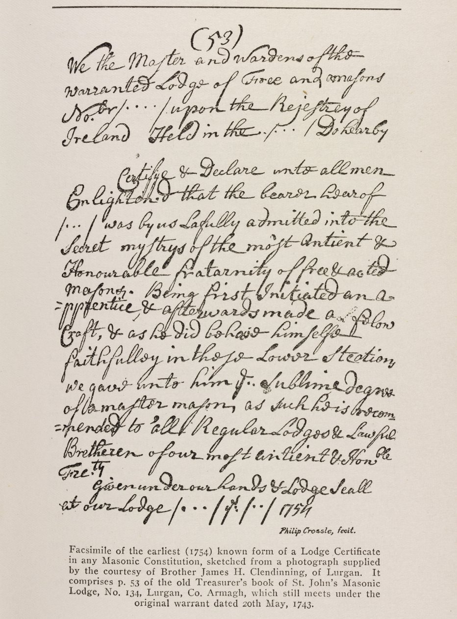最早的着名证书（爱尔兰语），1762年来自Grand Lodge的印章 作者 爱尔兰学校