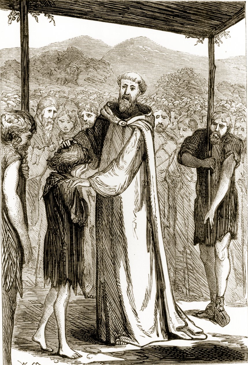 St. Columba祝福一个野孩子，来自The Trias Thaumaturga，或爱尔兰的三个神奇工作圣徒，玛丽库萨克（1829-99）出版于1890年代 作者 爱尔兰学校