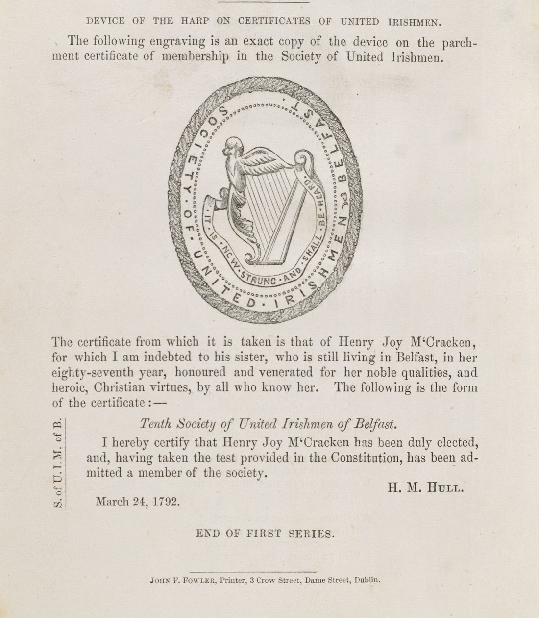 贝尔法斯特爱尔兰人联合会印章，约 1792 年（雕刻） 作者 爱尔兰学校