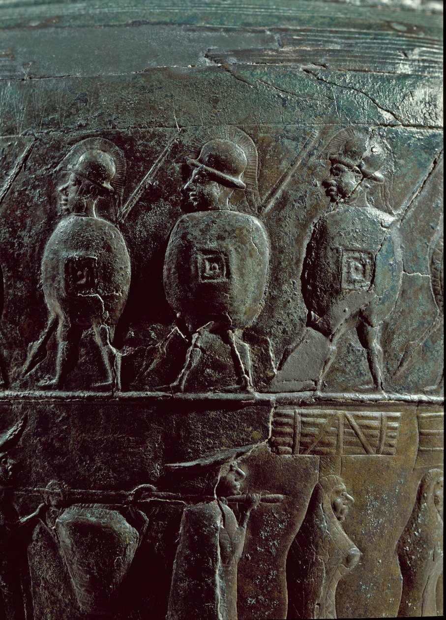 史前艺术：战士的细节。 Situla，公元前 500 年（铁器时代）出自 Certosa 墓地的青铜 pyxide。 暗淡。 32 厘米博洛尼亚，Civico Museo Archeologico 作者 铁器时代