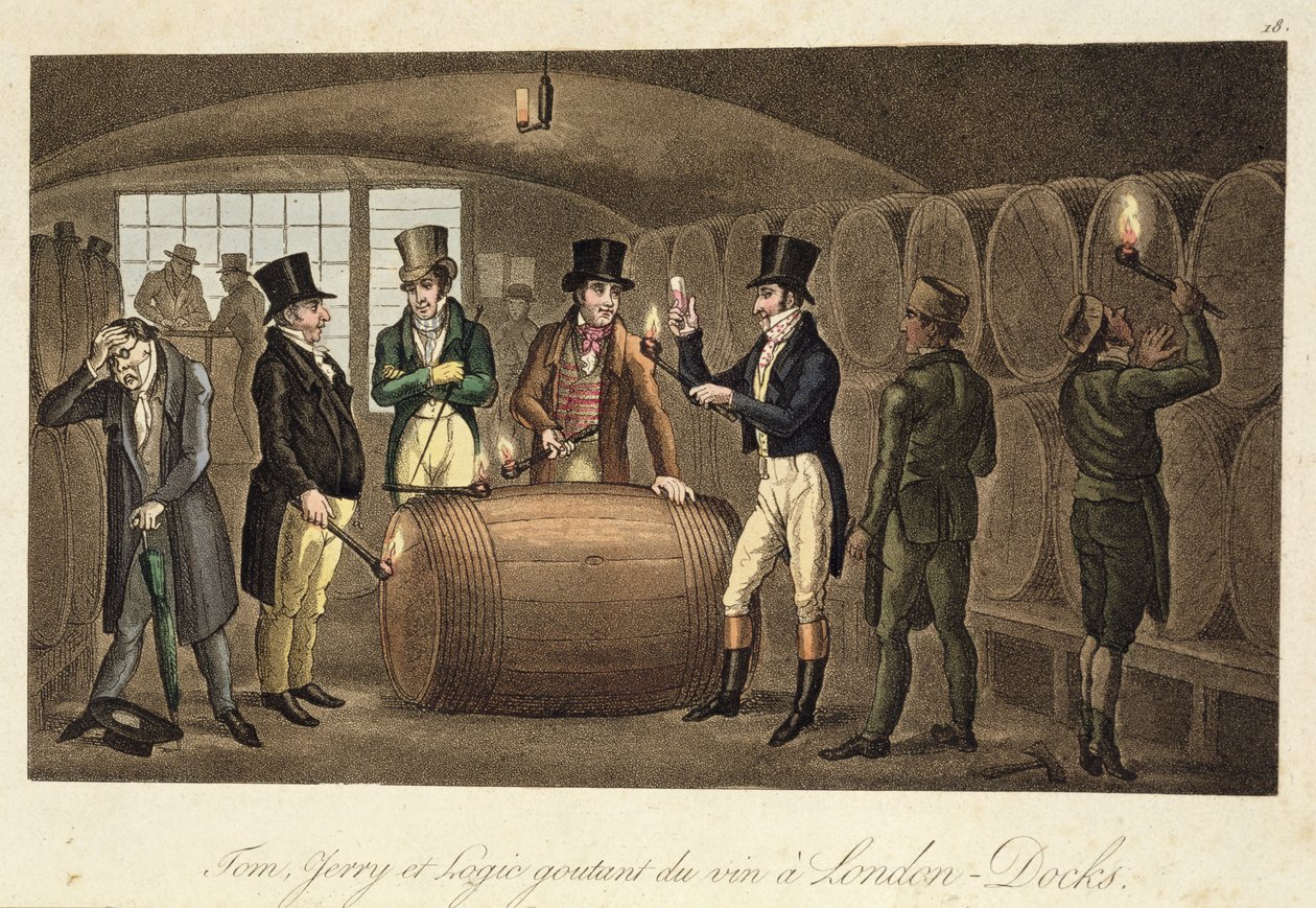 Tom，Jerry和Logic在伦敦码头品尝葡萄酒，来自Pierce Egan的“Life in London”，1821-22（彩色aquatint） 作者 以撒，罗伯特和乔治·克鲁克香克