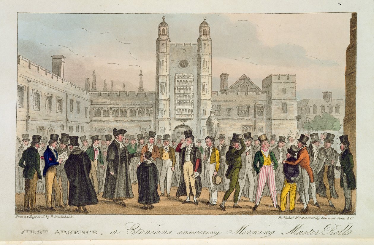 1824年出版的“英国间谍”中的第一次缺席，即Etonians回答早晨大师卷 作者 艾萨克·罗伯特·克鲁克香克