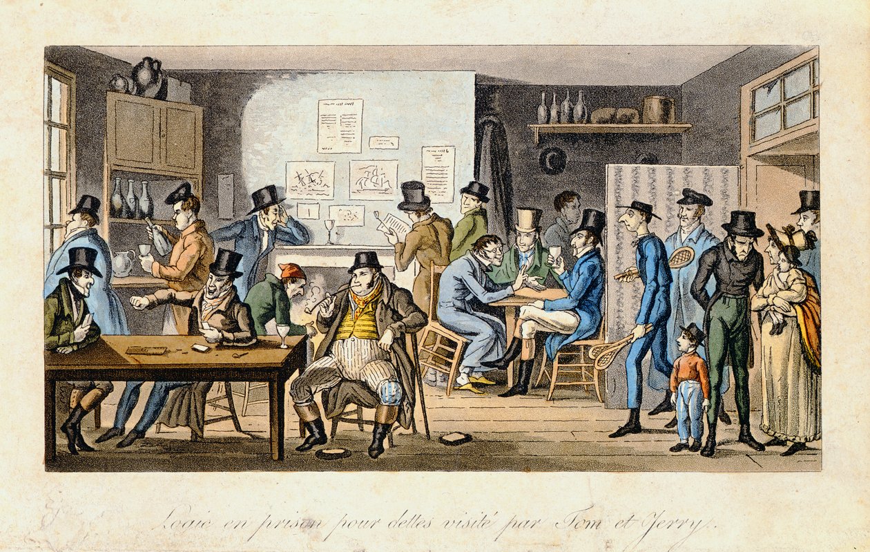 汤姆和杰瑞访问债务人监狱的逻辑，来自1821年至2222年皮尔斯伊根的“伦敦生活”（彩色aquatint） 作者 艾萨克·罗伯特·克鲁克香克