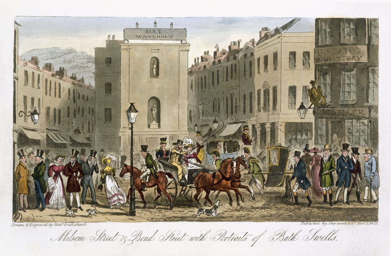Milsom Street和Bond Street与Bath Swells的肖像，来自&39;The English Spy&39;，Charles Molloy Westmacott（1788-1868）于1825年伦敦出版 作者 艾萨克·罗伯特·克鲁克香克
