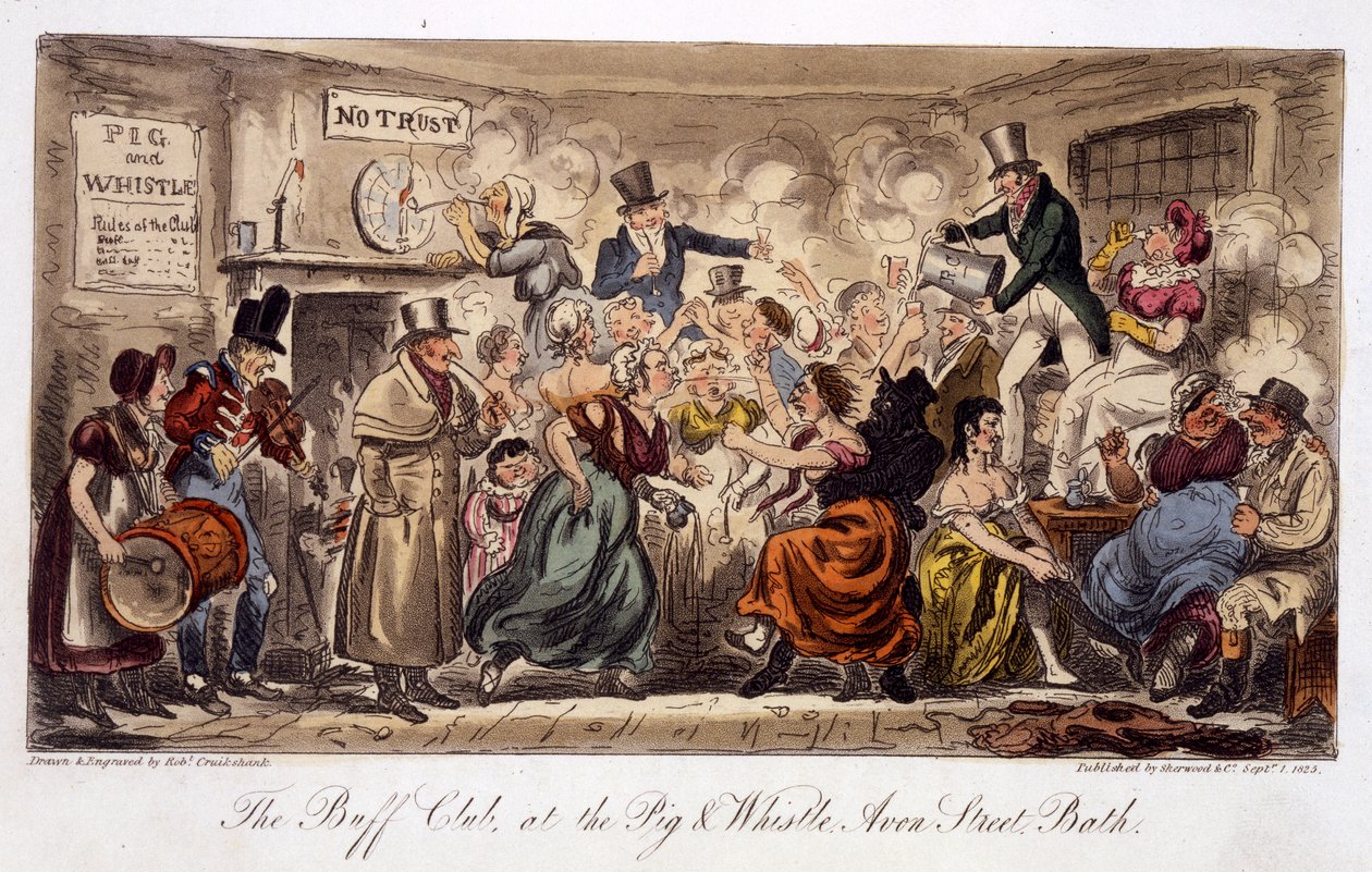 位于巴斯的Avon Street，Pig and Whistle的Buff Club，来自The English Spy，pub。伦敦，1825年（手工彩色aquatint） 作者 艾萨克·罗伯特·克鲁克香克