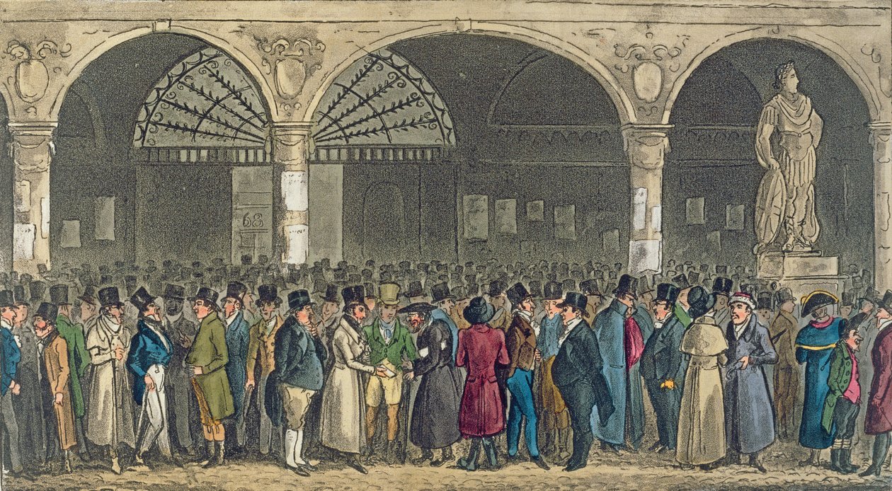 Tom和Jerry于1821年（Pierce Egan，1821年（彩色aquatint）访问证券交易所，来自“伦敦生活” 作者 艾萨克·罗伯特·克鲁克香克
