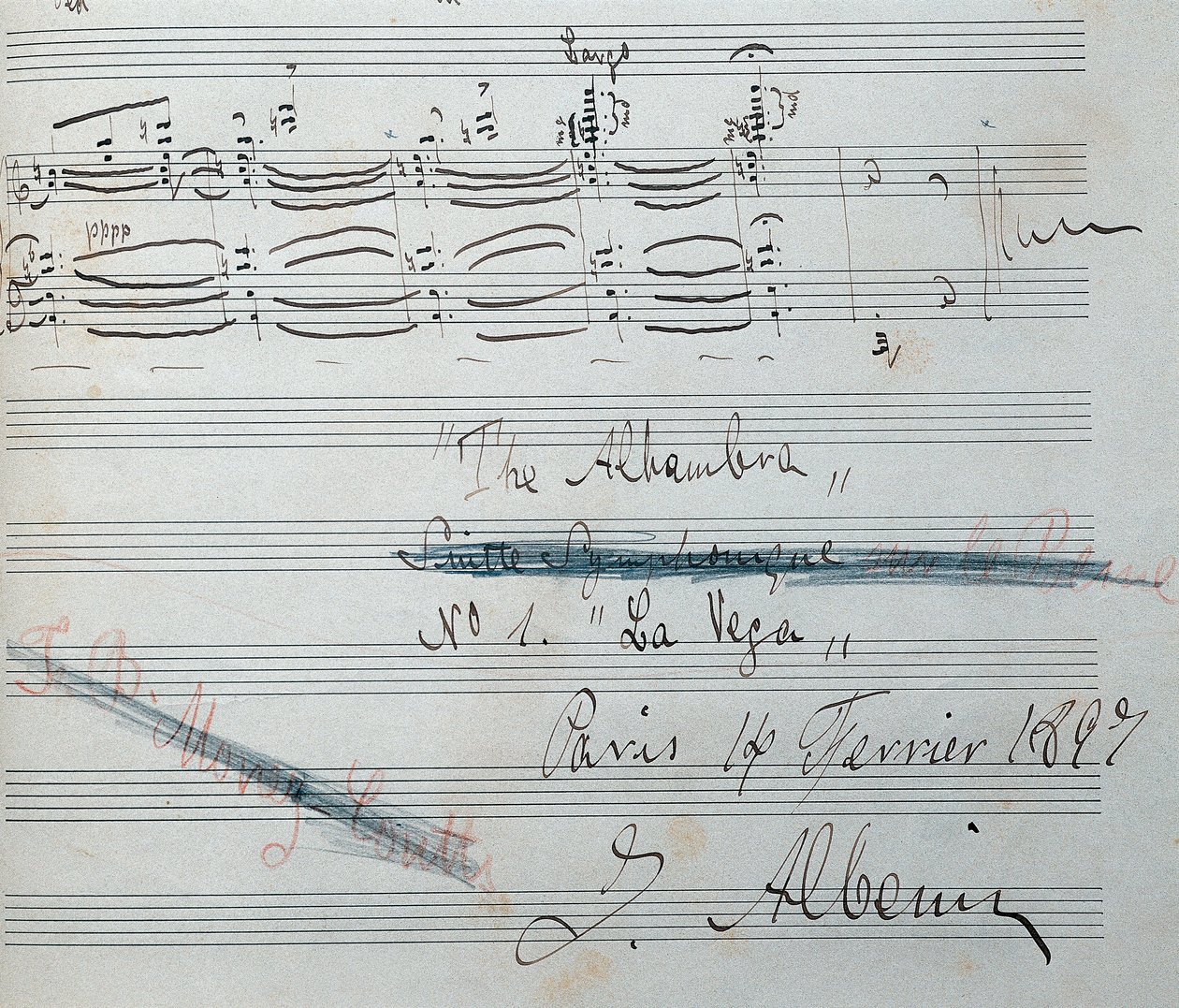 西班牙作曲家和钢琴家艾萨克-阿尔贝尼兹（1860-1909 年）的钢琴组曲""La Vega "乐谱及亲笔签名。手稿日期：1897 年 2 月 14 日。加泰罗尼亚国家图书馆。 作者 艾萨克·阿尔贝尼兹