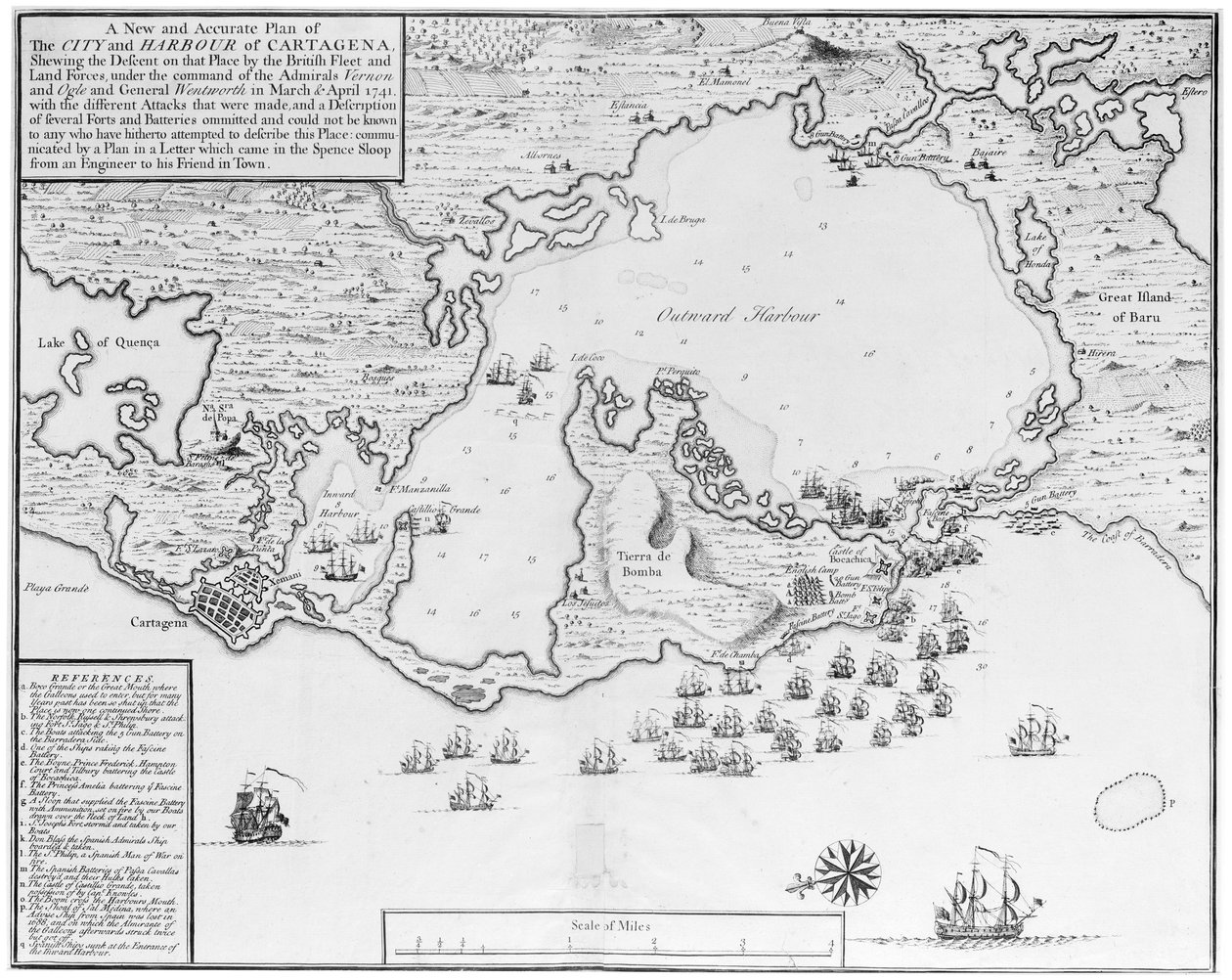 卡塔赫纳城市和港口新的精确平面图，展示了 1741 年 3 月和 4 月英国舰队和陆军在海军上将弗农、奥格尔和温特沃斯将军的指挥下攻占该地的情况... 作者 艾萨克·巴塞尔