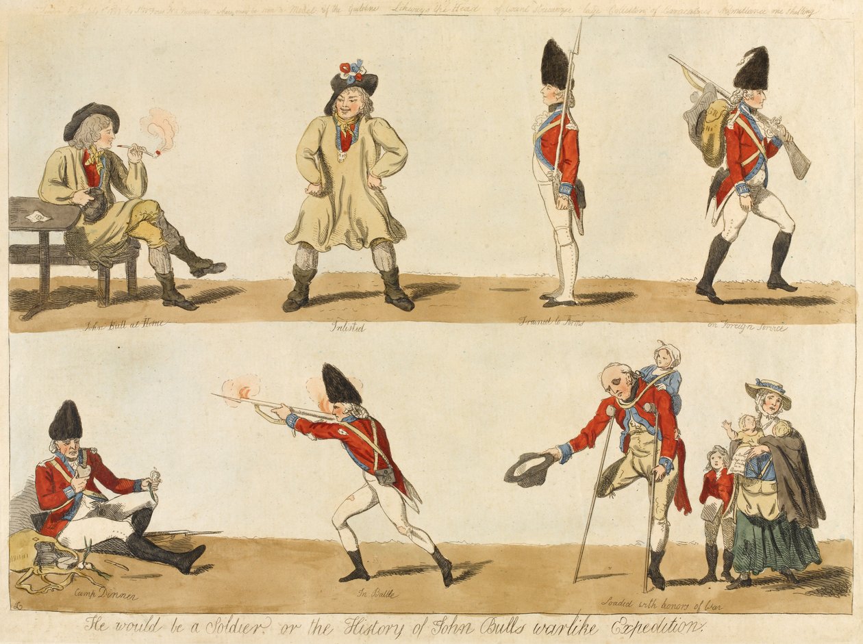他会成为一名士兵吗？或约翰公牛的历史战争远征，1793年（彩色蚀刻） 作者 艾萨克·克鲁克申克