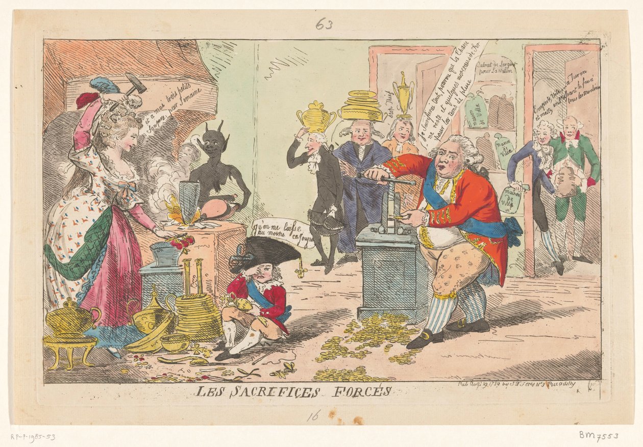 关于玛丽-安托瓦内特和路易十六的漫画，1789 年
强迫牺牲》（标题见实物） 作者 艾萨克·克鲁克申克
