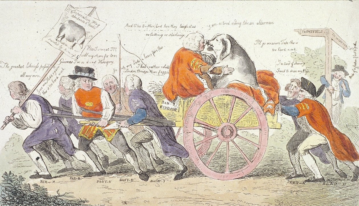 史密斯菲尔德公司的养猪之旅，或议员们的猪展，1790年。 作者 艾萨克·克鲁克申克