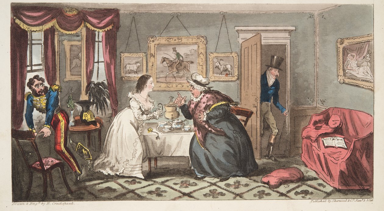 来自The English Spy酒吧的Bath Beau和Frail Belle或Mr. B.和Miss L. 1824年（手工彩色雕刻） 作者 艾萨克·罗伯特·克鲁克香克