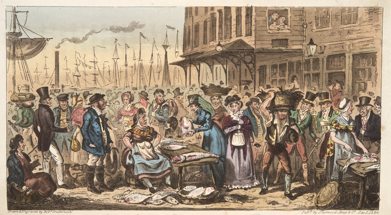 来自英国间谍，酒吧的高级生活中的嬉戏，或访问比林斯盖特。 1824年（手工彩色雕刻） 作者 艾萨克·罗伯特·克鲁克香克